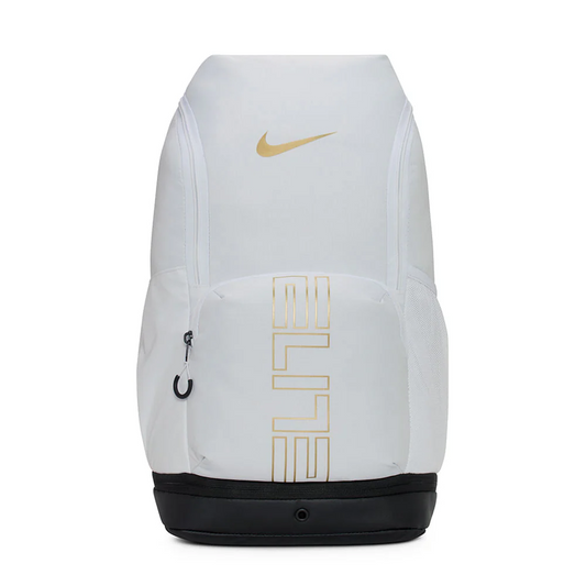 Sac à dos Nike Elite Varsity Bag V3 en blanc avec logo doré, conçu pour le basketball et le sport.